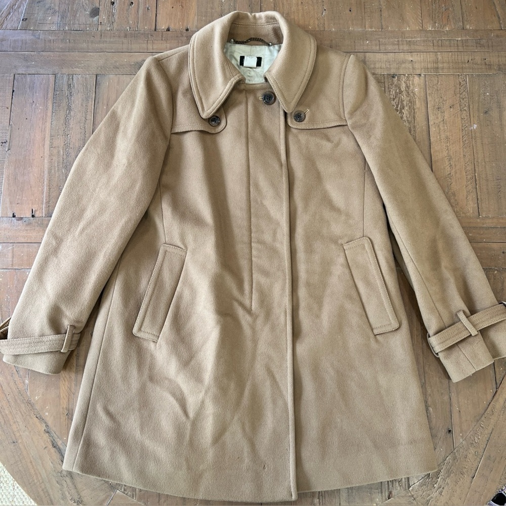 J. Crew Tan Wool Trench Coat Women’s 10 Button Front Mid Length Preppy Warm
